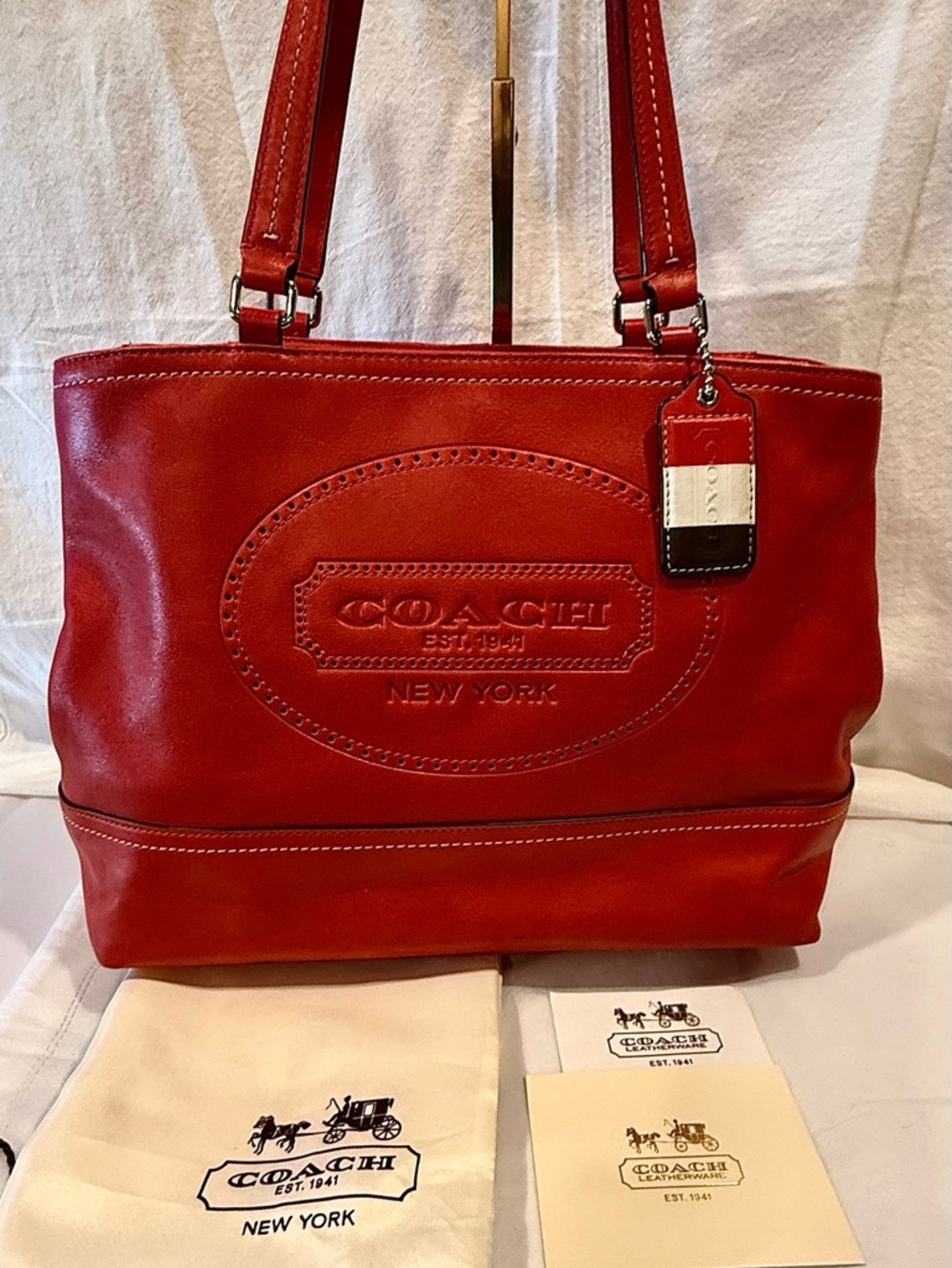 Coach Limited Edition Red Leather Tote with Tricolor Tag